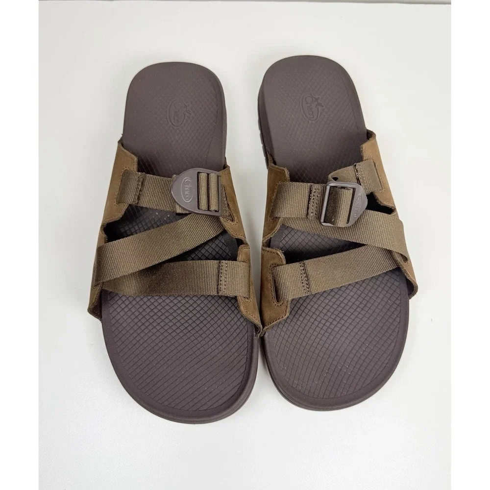 Chaco Lowdown Leather Slide Sandals Mens Size 14 Brown Adjustable Comfort